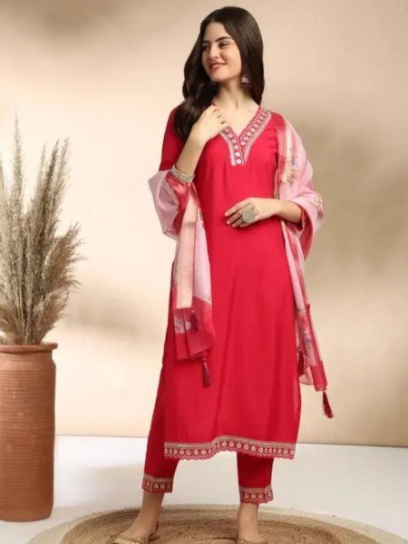 vibrant red cotton slub suit set with fine embroidery graceful everyday wear 3 Piece Kurti Set
