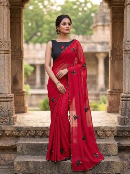 Vibrant Red Designer Saree with Cut Work Border for Party Wear