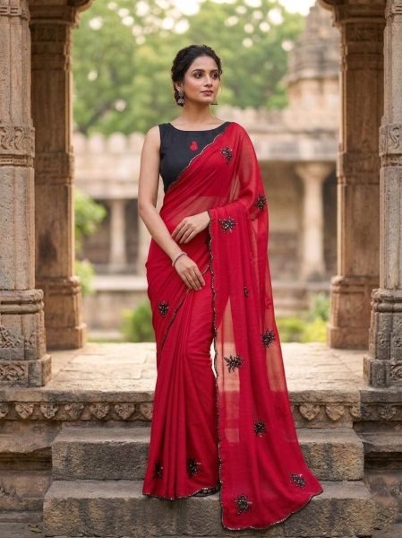 Vibrant Red Designer Saree with Cut Work Border for Party Wear Silk Sarees Wholesale