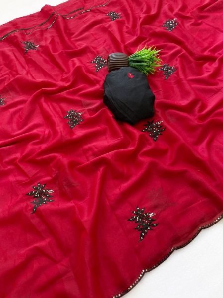 Vibrant Red Designer Saree with Cut Work Border for Party Wear Silk Sarees Wholesale