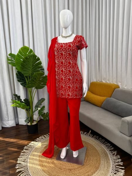 Vibrant Red Embroidered Kurti with Bootcut Pant   Dupatta Set For Party Wear Ready To Wear Collection