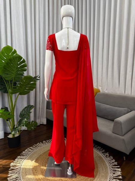 Vibrant Red Embroidered Kurti with Bootcut Pant   Dupatta Set For Party Wear Ready To Wear Collection