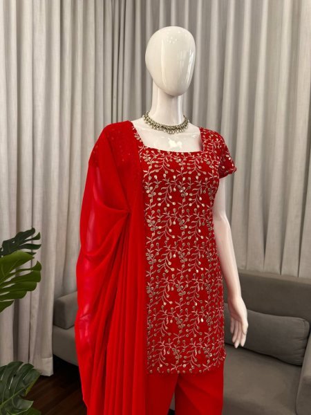 Vibrant Red Embroidered Kurti with Bootcut Pant   Dupatta Set For Party Wear Ready To Wear Collection