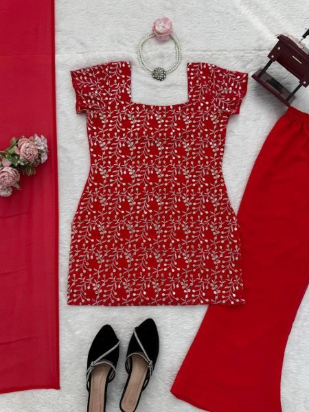 Vibrant Red Embroidered Kurti with Bootcut Pant   Dupatta Set For Party Wear Ready To Wear Collection