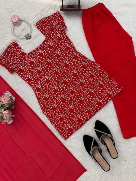 Vibrant Red Embroidered Kurti with Bootcut Pant   Dupatta Set For Party Wear Ready To Wear Collection