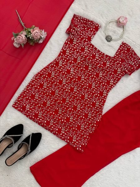 Vibrant Red Embroidered Kurti with Bootcut Pant   Dupatta Set For Party Wear Ready To Wear Collection