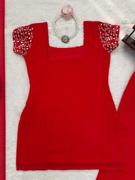 Vibrant Red Embroidered Kurti with Bootcut Pant   Dupatta Set For Party Wear Ready To Wear Collection