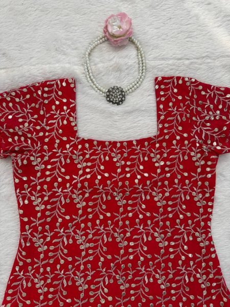 Vibrant Red Embroidered Kurti with Bootcut Pant   Dupatta Set For Party Wear Ready To Wear Collection