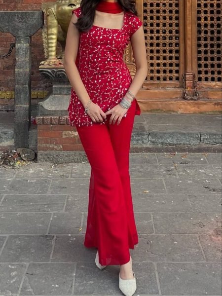Vibrant Red Embroidered Kurti with Bootcut Pant   Dupatta Set For Party Wear Ready To Wear Collection