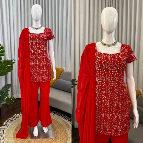 Vibrant Red Embroidered Kurti with Bootcut Pant   Dupatta Set For Party Wear Ready To Wear Collection