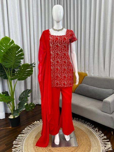 Vibrant Red Embroidered Kurti with Bootcut Pant   Dupatta Set For Party Wear Ready To Wear Collection