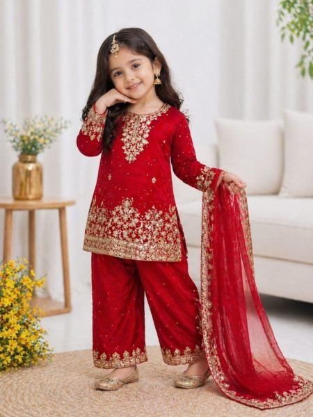Vibrant Red Fendy Silk Top Salwar Dupatta Set with Embroidery Sequins Work at Wholesale Rate Kurtis