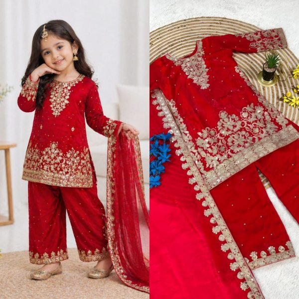Vibrant Red Fendy Silk Top Salwar Dupatta Set with Embroidery Sequins Work at Wholesale Rate Girls Wear