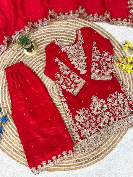 Vibrant Red Fendy Silk Top Salwar Dupatta Set with Embroidery Sequins Work at Wholesale Rate Girls Wear