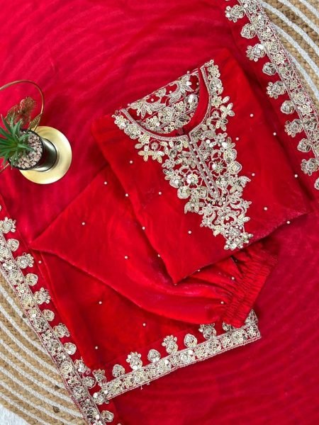 Vibrant Red Fendy Silk Top Salwar Dupatta Set with Embroidery Sequins Work at Wholesale Rate Girls Wear