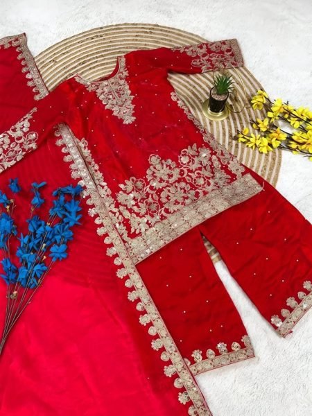 Vibrant Red Fendy Silk Top Salwar Dupatta Set with Embroidery Sequins Work at Wholesale Rate Girls Wear