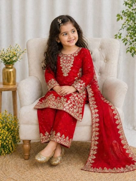 Vibrant Red Fendy Silk Top Salwar Dupatta Set with Embroidery Sequins Work at Wholesale Rate Girls Wear