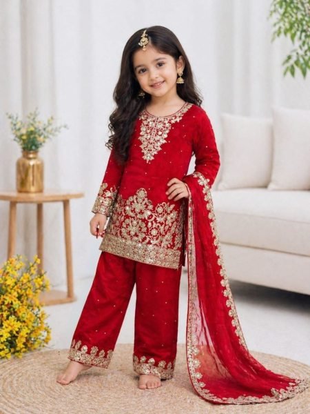 Vibrant Red Fendy Silk Top Salwar Dupatta Set with Embroidery Sequins Work at Wholesale Rate Girls Wear
