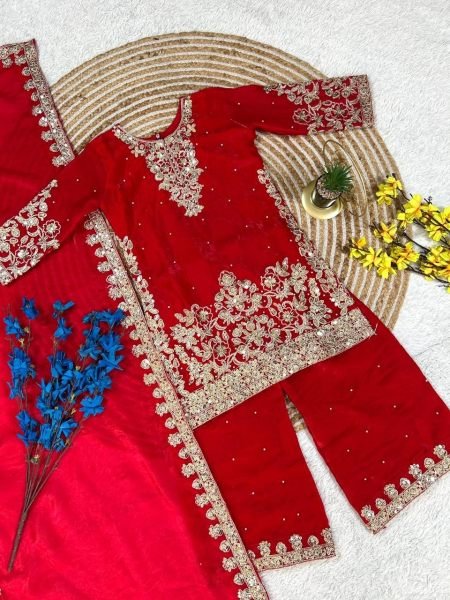 Vibrant Red Fendy Silk Top Salwar Dupatta Set with Embroidery Sequins Work at Wholesale Rate Girls Wear