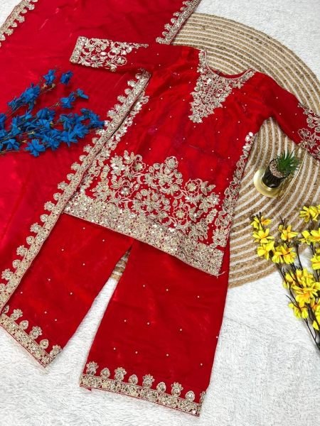 Vibrant Red Fendy Silk Top Salwar Dupatta Set with Embroidery Sequins Work at Wholesale Rate Girls Wear