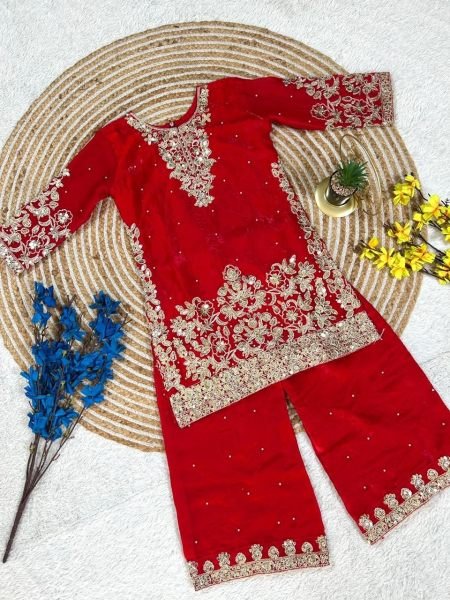 Vibrant Red Fendy Silk Top Salwar Dupatta Set with Embroidery Sequins Work at Wholesale Rate Girls Wear