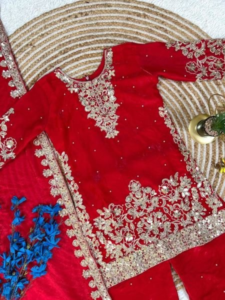 Vibrant Red Fendy Silk Top Salwar Dupatta Set with Embroidery Sequins Work at Wholesale Rate Girls Wear