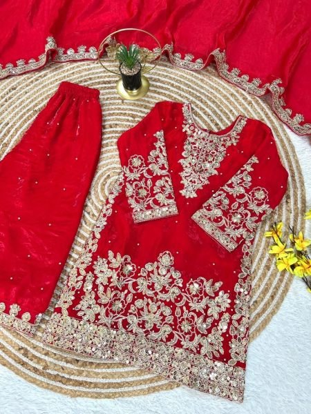 Vibrant Red Fendy Silk Top Salwar Dupatta Set with Embroidery Sequins Work at Wholesale Rate Girls Wear