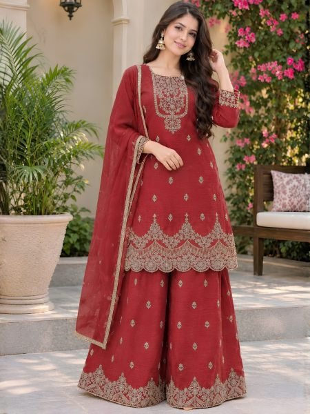 Vibrant Red Fully Stitched Crunchy Silk Top Sharara Palazzo Suit for Diwali Festival Ready To Wear Suit