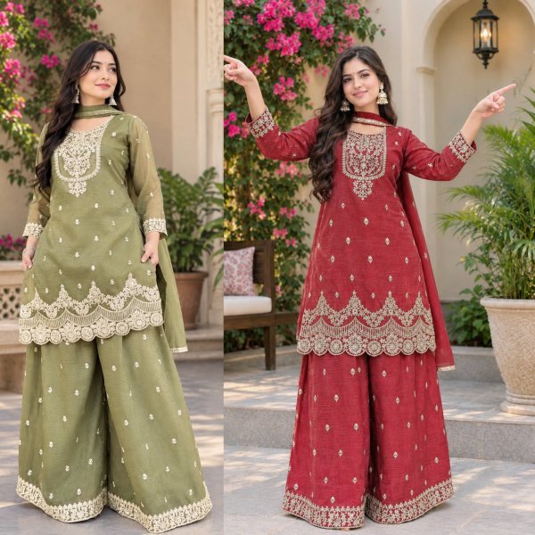 Vibrant Red Fully Stitched Crunchy Silk Top Sharara Palazzo Suit for Diwali Festival Ready To Wear Collection