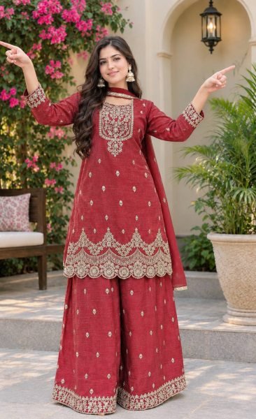 Vibrant Red Fully Stitched Crunchy Silk Top Sharara Palazzo Suit for Diwali Festival Ready To Wear Collection