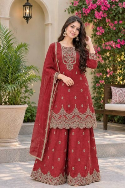 Vibrant Red Fully Stitched Crunchy Silk Top Sharara Palazzo Suit for Diwali Festival Ready To Wear Collection