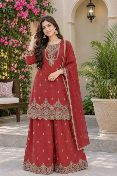 Vibrant Red Fully Stitched Crunchy Silk Top Sharara Palazzo Suit for Diwali Festival Ready To Wear Collection