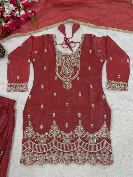 Vibrant Red Fully Stitched Crunchy Silk Top Sharara Palazzo Suit for Diwali Festival Ready To Wear Collection