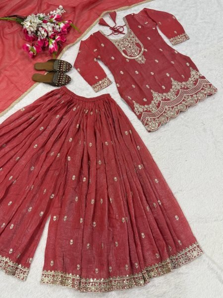Vibrant Red Fully Stitched Crunchy Silk Top Sharara Palazzo Suit for Diwali Festival Ready To Wear Collection