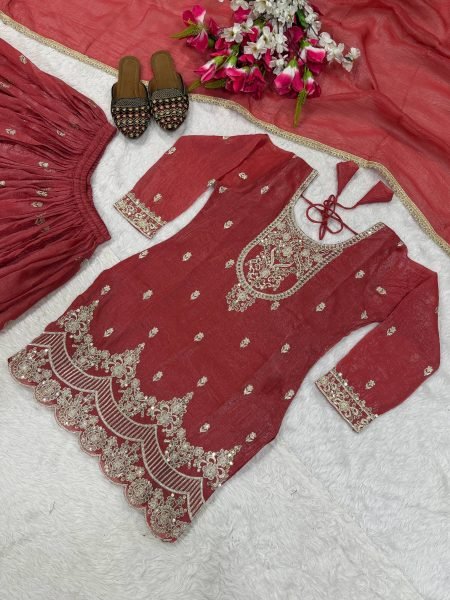 Vibrant Red Fully Stitched Crunchy Silk Top Sharara Palazzo Suit for Diwali Festival Ready To Wear Collection