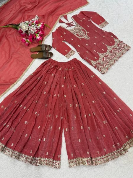 Vibrant Red Fully Stitched Crunchy Silk Top Sharara Palazzo Suit for Diwali Festival Ready To Wear Collection