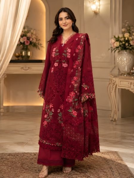 Vibrant Red Heavy Lawn Pakistani Suit with Printed Top and Cotton Dupatta at Wholesale Rate Salwar Kameez