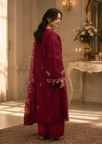 Vibrant Red Heavy Lawn Pakistani Suit with Printed Top and Cotton Dupatta at Wholesale Rate Pakistani Suits Wholesale