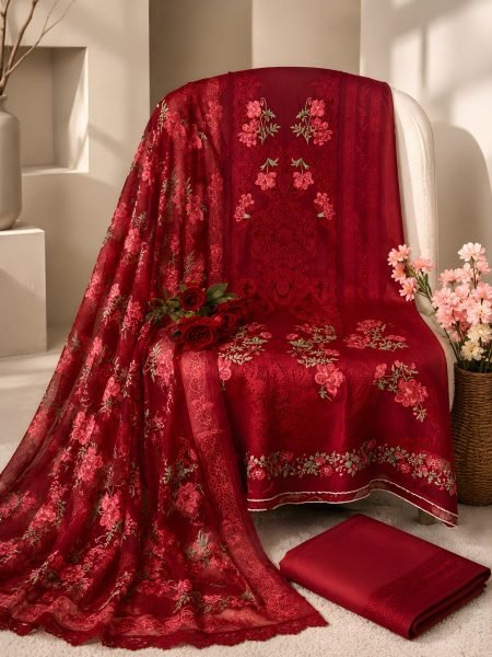 Vibrant Red Heavy Lawn Pakistani Suit with Printed Top and Cotton Dupatta at Wholesale Rate Pakistani Suits Wholesale