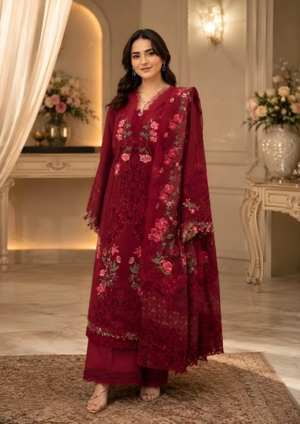 Vibrant Red Heavy Lawn Pakistani Suit with Printed Top and Cotton Dupatta at Wholesale Rate Pakistani Suits Wholesale