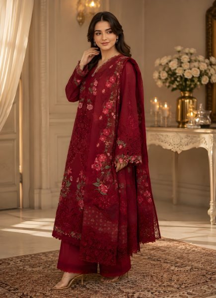 Vibrant Red Heavy Lawn Pakistani Suit with Printed Top and Cotton Dupatta at Wholesale Rate Pakistani Suits Wholesale