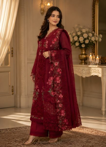 Vibrant Red Heavy Lawn Pakistani Suit with Printed Top and Cotton Dupatta at Wholesale Rate Pakistani Suits Wholesale