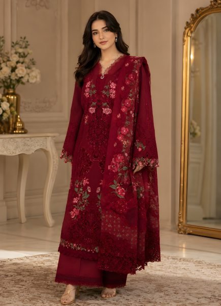 Vibrant Red Heavy Lawn Pakistani Suit with Printed Top and Cotton Dupatta at Wholesale Rate Pakistani Suits Wholesale