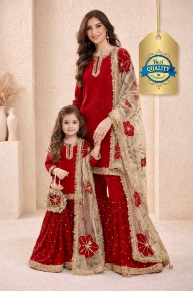 Vibrant Red Mom Daughter Matching Sharara Set for Festive Wear Mom-Doughter Collection