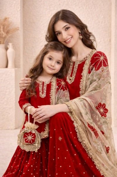 Vibrant Red Mom Daughter Matching Sharara Set for Festive Wear Mom-Doughter Collection