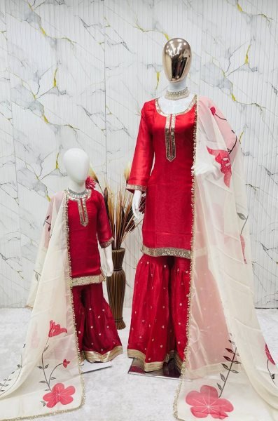 Vibrant Red Mom Daughter Matching Sharara Set for Festive Wear Mom-Doughter Collection