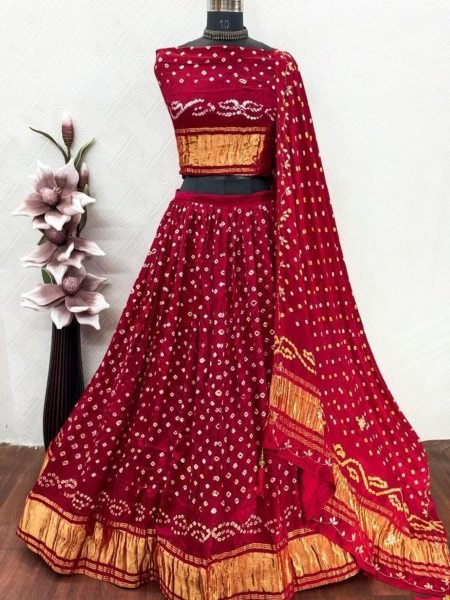 Vibrant Red Pure Gaji Silk Danee Bandhej Lehenga with Original Bandhej Dupatta Shop by Occasion