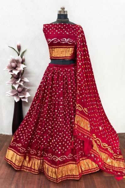Vibrant Red Pure Gaji Silk Danee Bandhej Lehenga with Original Bandhej Dupatta Navratri Lehnega Choli