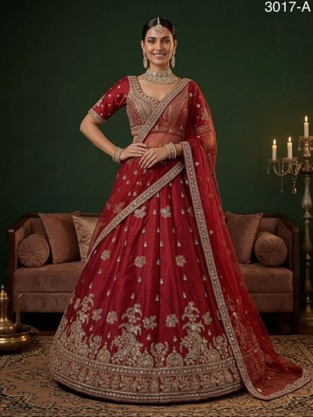 Vibrant Red Silk Bridal Lehenga with Gold Zari Work and Double Dupatta Bridal Lehenga Choli