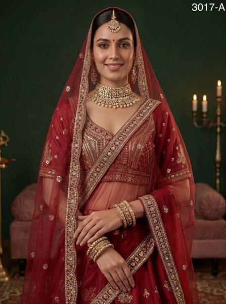 Vibrant Red Silk Bridal Lehenga with Gold Zari Work and Double Dupatta Bridal Lehenga Choli